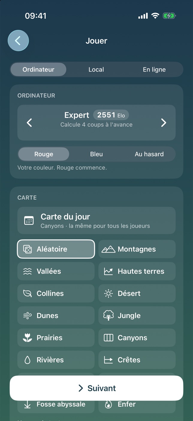 Choix de l'adversaire, du niveau et du terrain